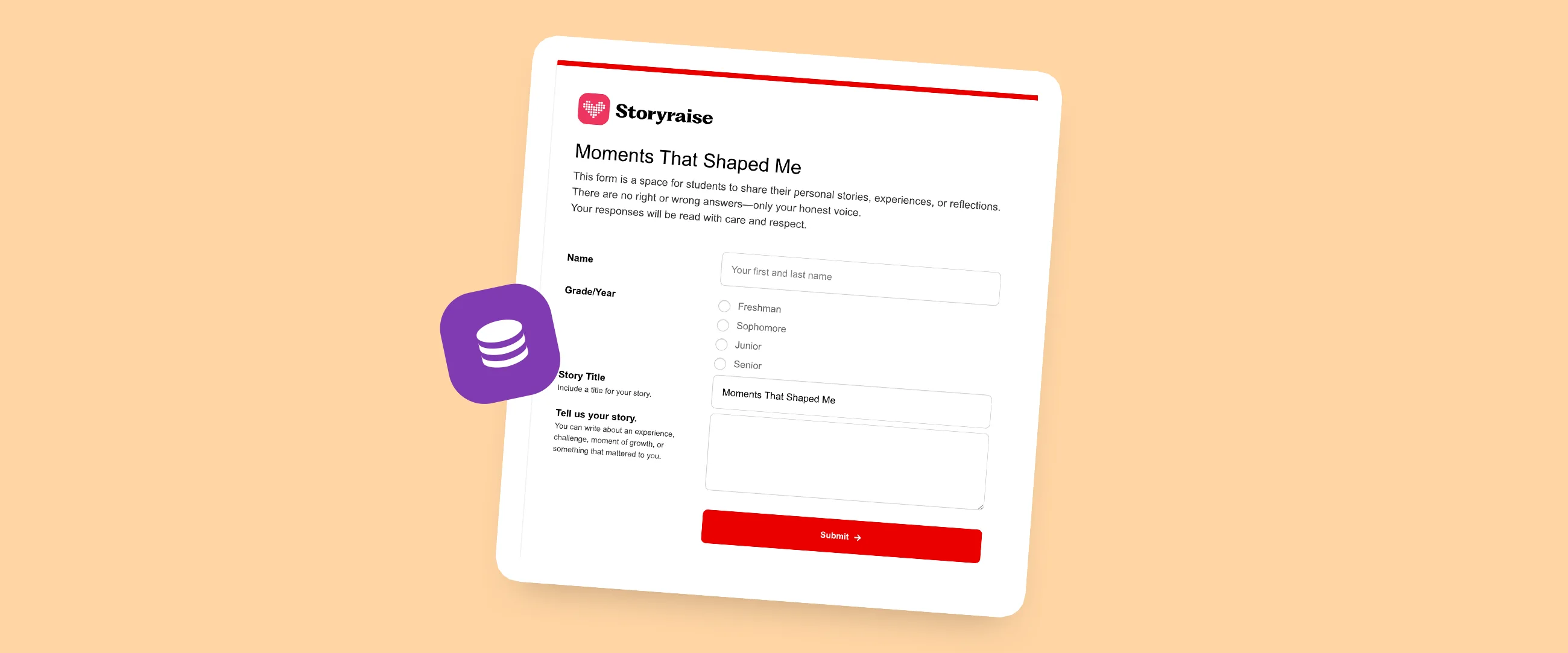 Storyraise Collect interface showing story submission form